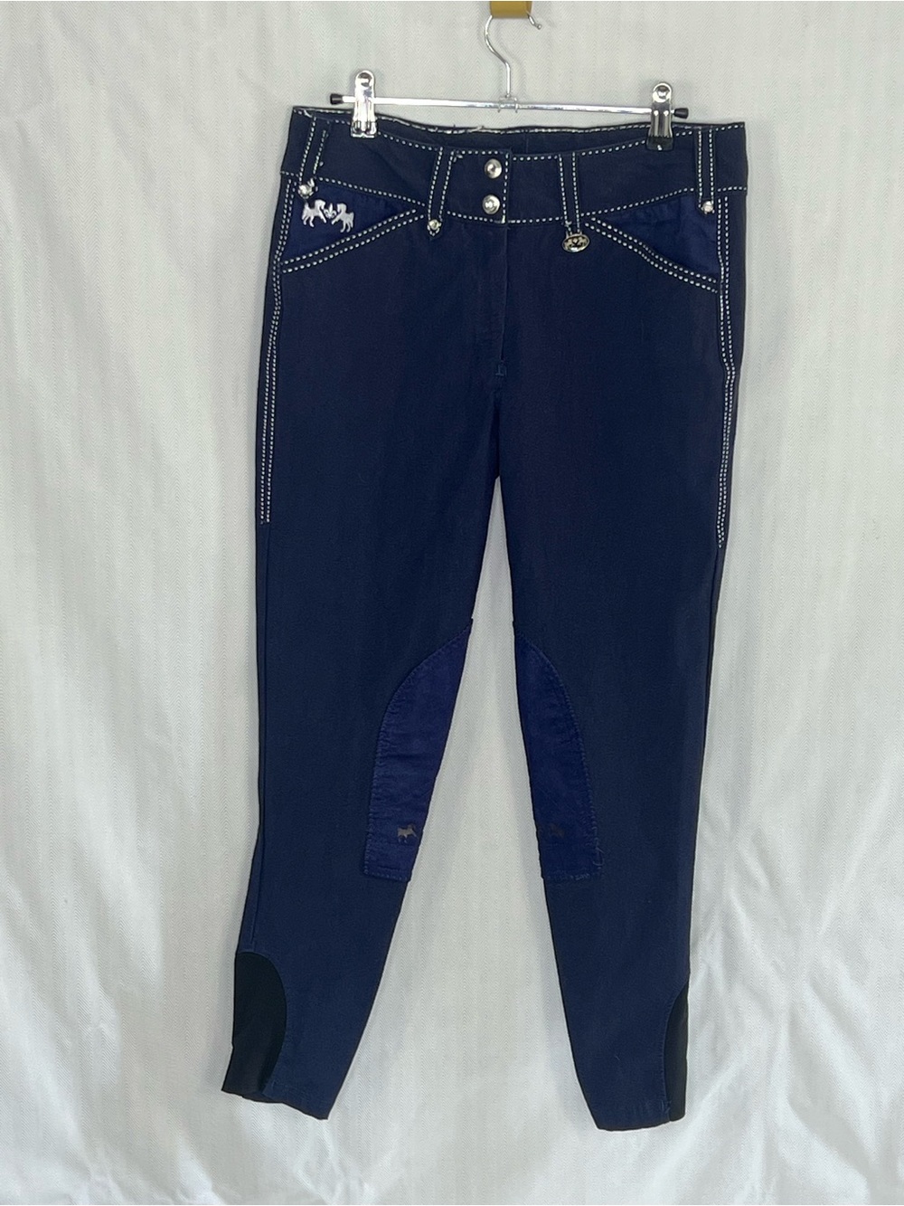 Equine Couture Blakey Navy Riding Pants Patch Breeches Rhinestone Detail 30👍